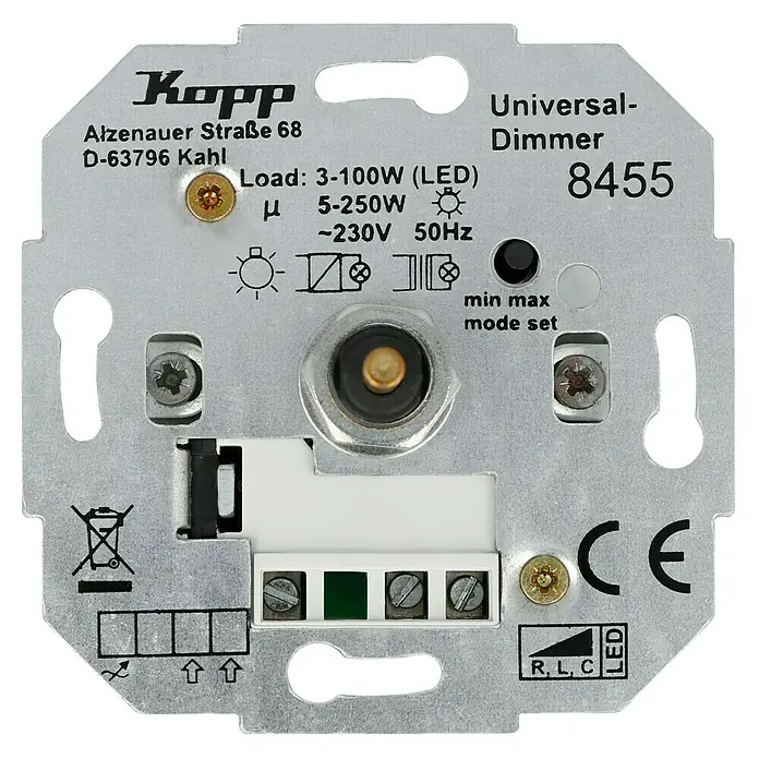Kopp LED-Dimmer Universal RLC 100W - 3 W - 250 W - Das Bild zeigt einen Kopp Universal-Dimmer (Modell 8455) mit technischen Details und Anschlussinformationen auf silbernem Gehäuse.