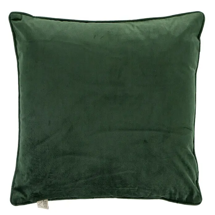 Kissen Finja - Mountain View, 45 x 45 cm, 100 % Polyester - Nahaufnahme eines quadratischen, smaragdgrünen Samtkissens mit einer feinen, farblich abgestimmten Paspelierung für einen luxuriösen Touch.