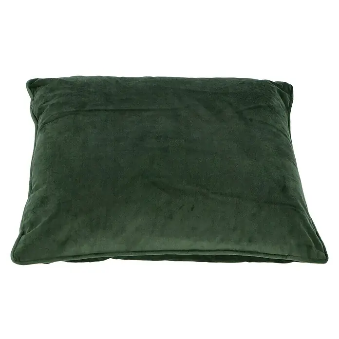 Kissen Finja - Mountain View, 45 x 45 cm, 100 % Polyester - Nahaufnahme eines quadratischen, dunkelgrünen Samtkissens mit einer sauberen, minimalistischen Ästhetik.