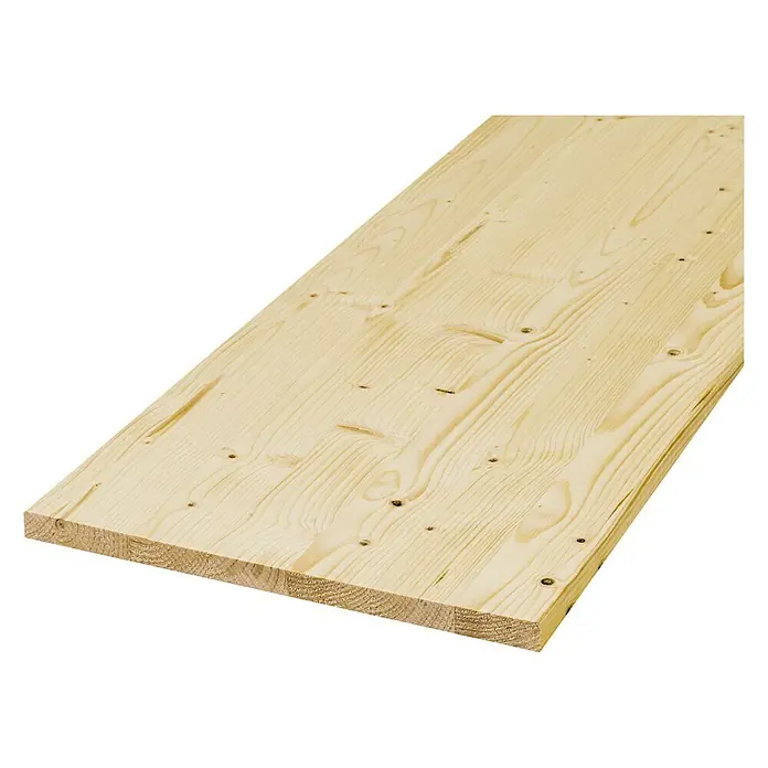 Exclusivholz Leimholzplatte - Fichte, Qualitätsstufe Leimholzplatte: A/B, 1.200 x 250 x 18 mm - Nahaufnahme einer hellen Holzplatte mit deutlicher Maserung und sichtbaren Astlöchern, ideal für rustikale Möbelprojekte.