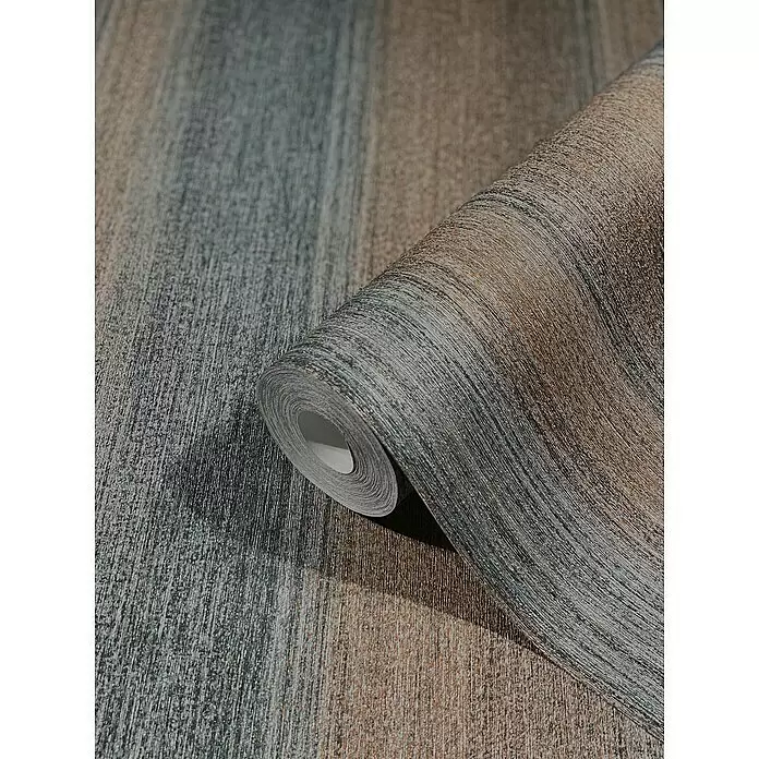 Marburg Vintage Deluxe Vliestapete - Kupfer-Anthrazit, Streifen, 10,05 x 0,53 m - Rolle texturierter Tapete mit blau-grauem und braunem Streifenmuster, teilweise abgerollt.