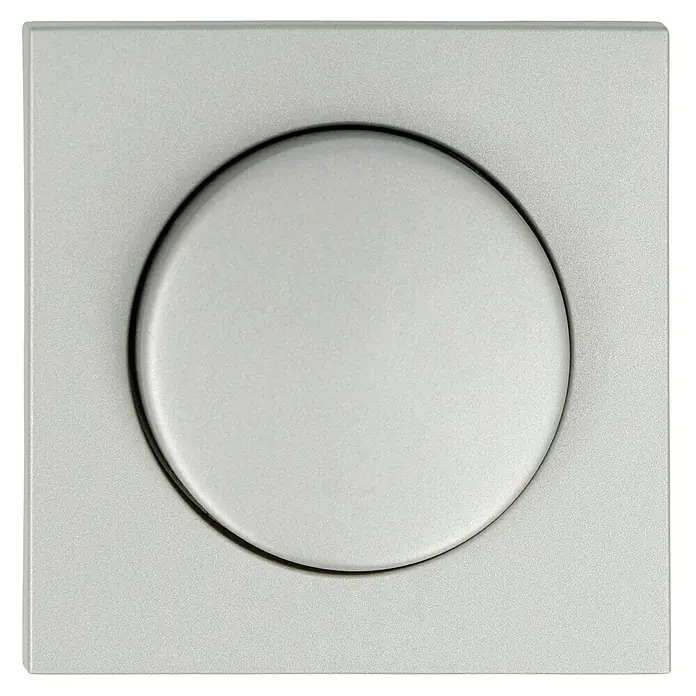 Dimmerabdeckung - Stahl, Kunststoff, Unterputzmontage - Nahaufnahme eines quadratischen, silberfarbenen Lichtschalters mit runder Taste. Das schlichte Design passt gut in moderne Interieurs.