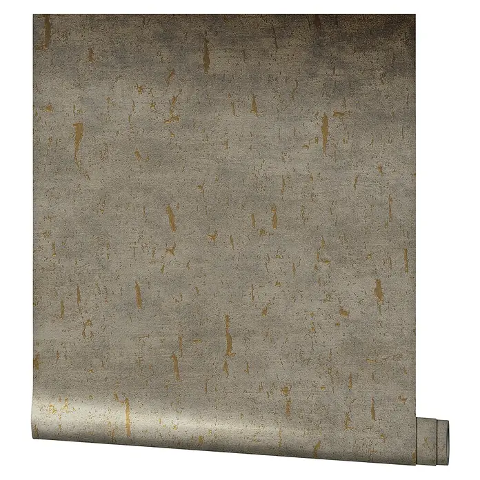 Marburg Natural Opulence Vliestapete - Braun-Grau, Betonoptik, 10,05 x 0,7 m - Bild eines Rollenmusters der texturierten Tapete mit einem abgenutzten Metalleffekt für die Wanddekoration in Wohnräumen.
