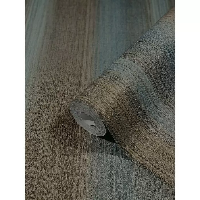 Marburg Vintage Deluxe Vliestapete - Gold-Anthrazit, Streifen, 10,05 x 0,53 m - Tapetenrolle mit linearer, gebürsteter Textur in wechselnden Braun-, Blau- und Grautönen, teilweise abgerollt.