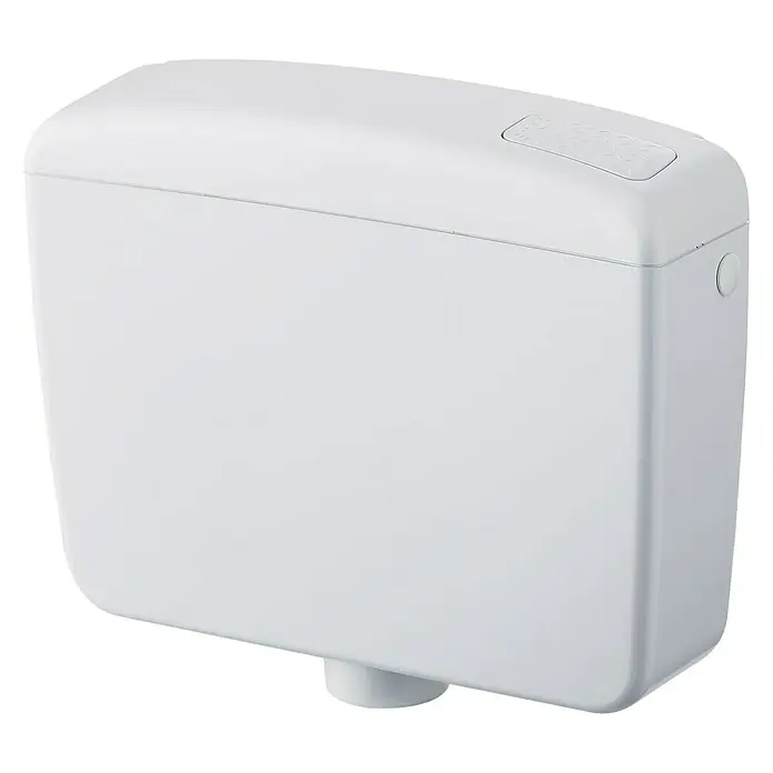 Admiral Spülkasten 110 - Weiß, Spülmenge: 6 l - 7 l, 12,5 x 44 x 34,5 cm - Nahaufnahme eines weißen Spülkastens mit Dual-Flush-Tasten auf einem weißen Hintergrund.