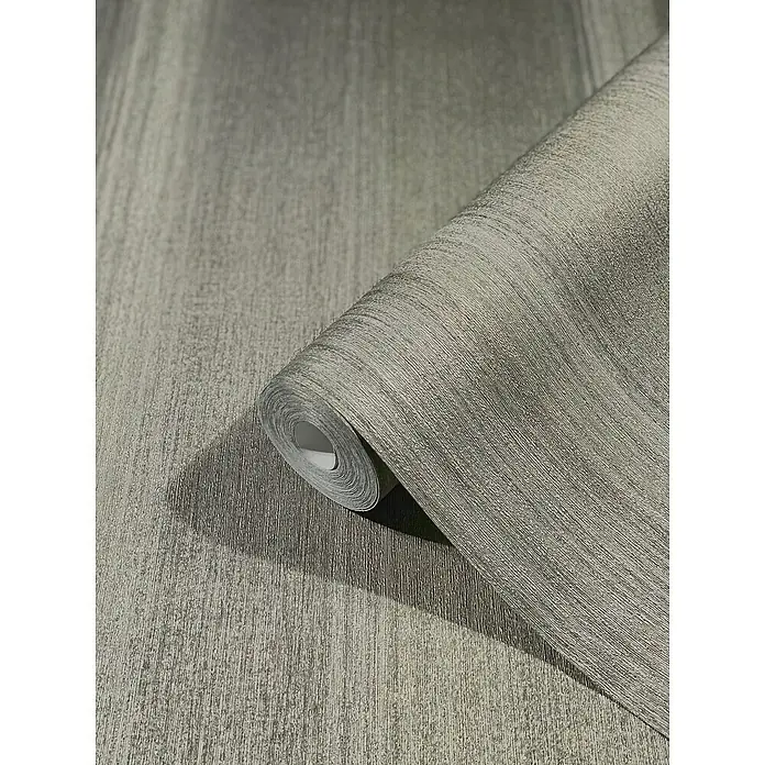 Marburg Vintage Deluxe Vliestapete - Grau-Gold, Streifen, 10,05 x 0,53 m - Nahaufnahme einer Rolle grauer Holzstrukturtapete, die sich abhebt. Ideal für moderne Innenräume mit schlichtem, elegantem Design.