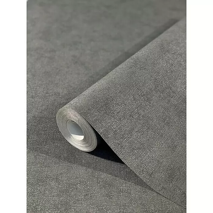 Marburg Shades Vliestapete - Anthrazit, Uni, 10,05 x 0,53 m - Dunkelgraue, schimmernde Struktur-Tapetenrolle, teilweise abgerollt.