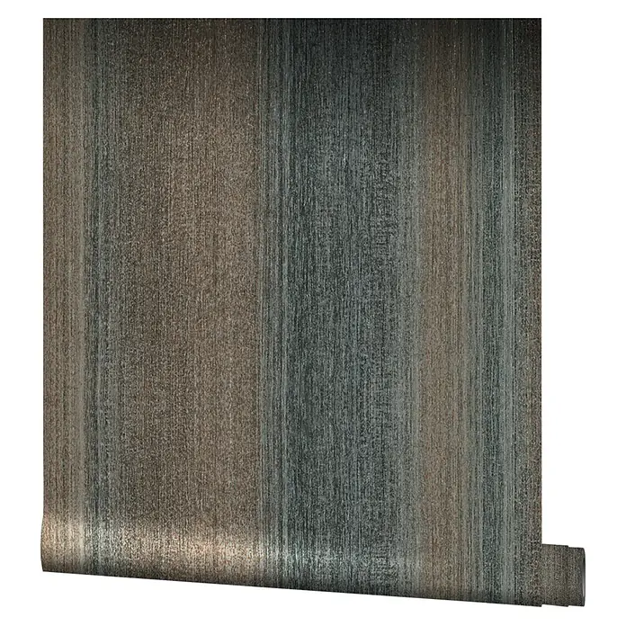 Marburg Vintage Deluxe Vliestapete - Kupfer-Anthrazit, Streifen, 10,05 x 0,53 m - Detailaufnahme einer Rolle Tapete mit einem linearen Muster in Braun- und Grautönen, die eine natürliche Holzoptik suggeriert.