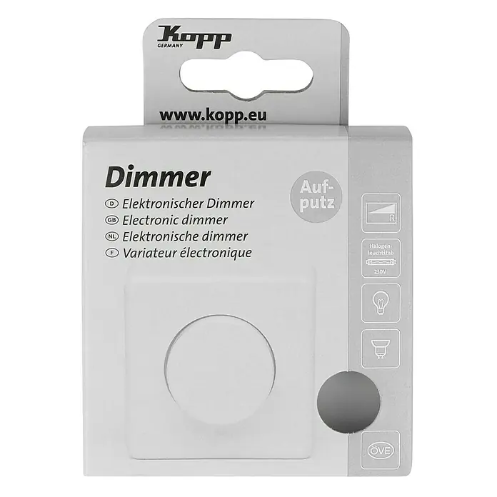 Kopp Standard Dimmer - Arktisweiß, Kunststoff - Verpackung eines Kopp Dimmers für elektronische Geräte, geeignet für Halogenleuchtstäbe bis 230V und mit ÖVE-Zertifizierung.