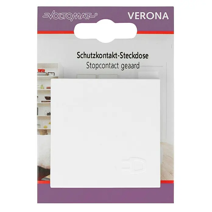 Steckdose mit Deckel - Reinweiß, 1-fach, Kunststoff, IP20 - Abbildung einer Verpackung für eine VOLTOMAT Verona Schutzkontakt-Steckdose, die ein weißes Produkt zur sicheren Abdeckung von Steckdosen zeigt.