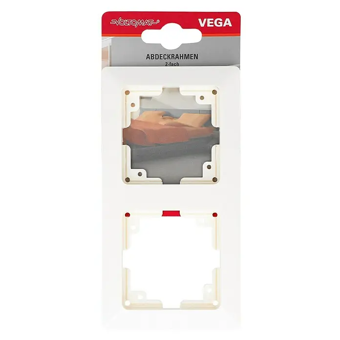 Voltomat VEGA Abdeckrahmen - Elektroweiß, 2-fach, Kunststoff - Produktbild eines VEGA Doppel-Abdeckrahmens von VOLTOMAT in Weiß, ideal für die Installation von zwei Schaltern oder Steckdosen nebeneinander.