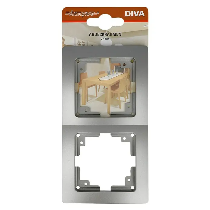 Voltomat DIVA Abdeckrahmen - Platin, 2-fach, Kunststoff - Produktverpackung für VOLTOMAT DIVA Doppelrahmen, ideal für stilvolle Schalter- und Steckdosenabdeckungen im Wohnbereich.
