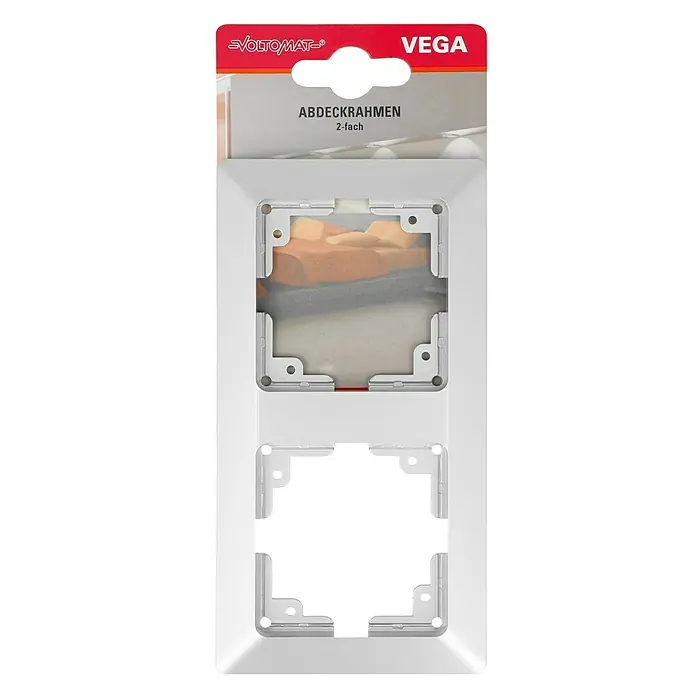 Voltomat VEGA Abdeckrahmen - Silber, 2-fach, Kunststoff - Nahaufnahme eines VEGA Doppel-Abdeckrahmens von VOLTOMAT, ideal für stilvolle Lichtschalter- und Steckdoseninstallationen.