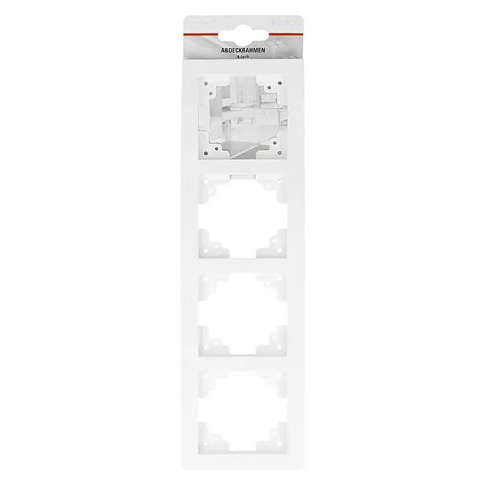 Voltomat MIKA Abdeckrahmen - Ultraweiß, 4-fach, Kunststoff - Verpackung mit vierfach Abdeckrahmen, ideal für die Installation von Schaltern und Steckdosen in Ihrem Zuhause oder Büro.