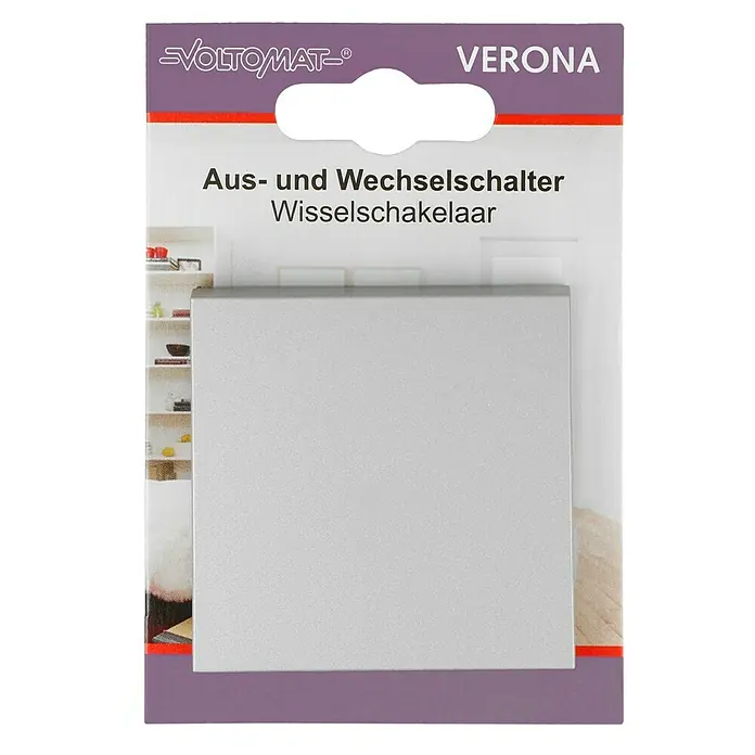 Wechselschalter - Silber, Unterputzmontage, 10 A - Nahaufnahme eines Voltomaten Verona Aus- und Wechselschalters, verpackt mit rotem Akzent.