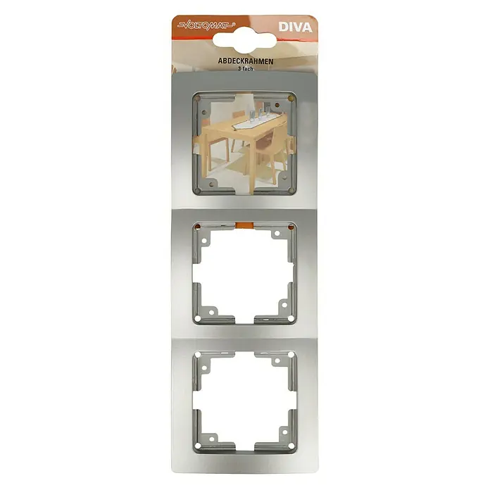 Voltomat DIVA Abdeckrahmen - Platin, 3-fach, Kunststoff - Produktabbildung eines VOLTOMAT DIVA 3-fach Abdeckrahmens in Silber für Lichtschalter und Steckdosen zur stilvollen Wandgestaltung.