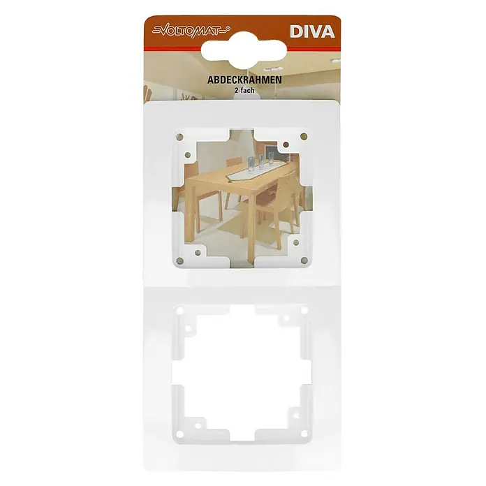 Voltomat DIVA Abdeckrahmen - Ultraweiß, 2-fach, Kunststoff - Das Produkt ist ein Voltomat DIVA Abdeckrahmen 2-fach, ein Zubehör für Schalter und Steckdosen, verpackt und bereit für die Montage.