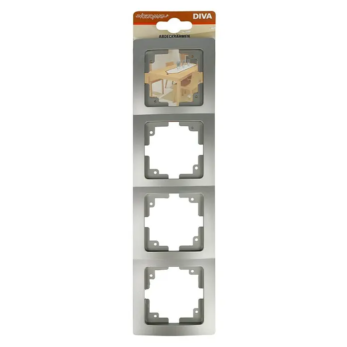 Voltomat DIVA Abdeckrahmen - Platin, 4-fach, Kunststoff - Das Bild zeigt eine Verpackung mit mehreren silbernen Abdeckrahmen der Marke "VoltomAT Diva" für Schalter oder Steckdosen.