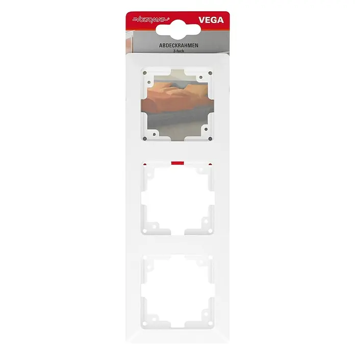 Voltomat VEGA Abdeckrahmen - Ultraweiß, 3-fach, Kunststoff - Ein Verpackung von Voltomats Vega Abdeckrahmen 3-fach, ideal für die Installation von Schaltern und Steckdosen in Ihrem Zuhause oder Büro.
