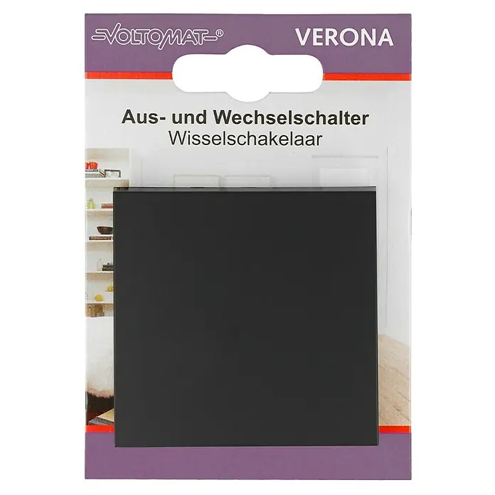 Wechselschalter - Anthrazit, Unterputzmontage, 10 A - Verpackung eines Voltomat Verona Aus- und Wechselschalters, gut geeignet für den Heimwerkerbedarf.