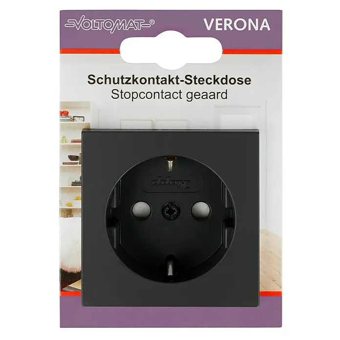 Steckdose mit erhöhtem Berührungsschutz - Anthrazit, 1-fach, Kunststoff, IP20 - Nahaufnahme einer schwarzen Schutzkontakt-Steckdose Verona von Voltomat, ideal für sichere Stromversorgung im Innenbereich.