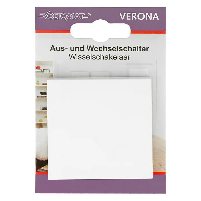 Wechselschalter - Reinweiß, Unterputzmontage, 10 A - Nahaufnahme eines weißen Voltomaten Verona Aus- und Wechselschalters, verpackt in einer lila-weißen Verpackung mit deutscher Beschriftung.