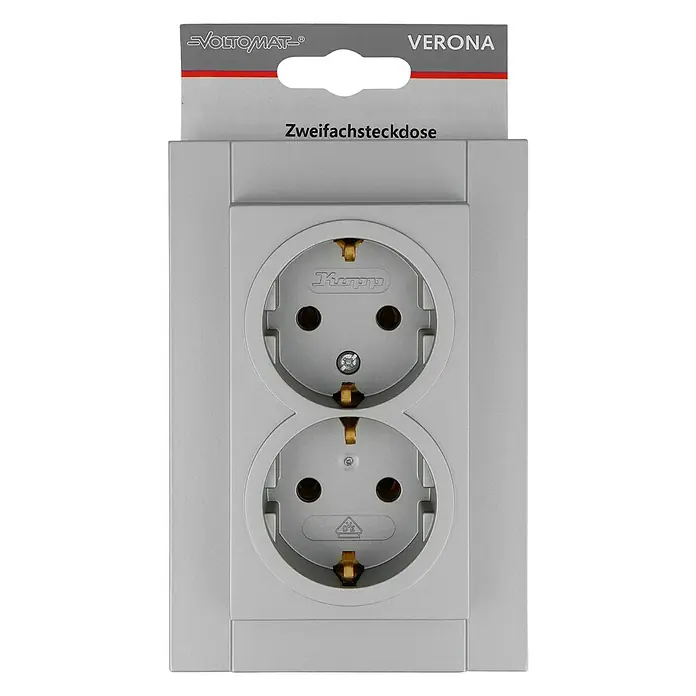 Doppelsteckdose - Silber, 2-fach, Kunststoff, Unterputzmontage - Eine VOLTOMAT Verona Doppelsteckdose in Grau, ideal für den Innenbereich. Die hochwertige Steckdose bietet doppelten Anschluss und ist einfach zu montieren.