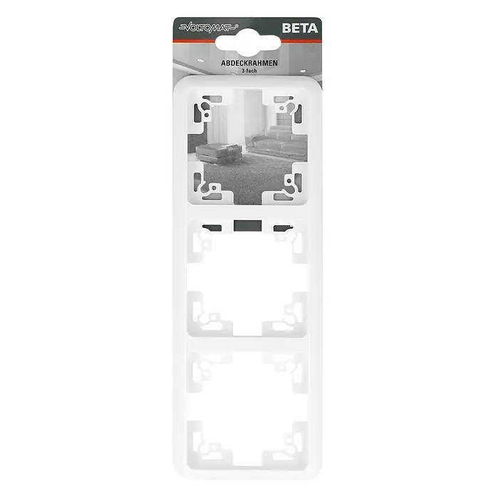 Voltomat BETA Abdeckrahmen - Ultraweiß, 3-fach, Kunststoff - Ein VOLTOMAT BETA Abdeckrahmen, 3-fach, in einer weißen Verpackung. Ideal, um Schalter und Steckdosen stilvoll zu ergänzen und zu schützen.