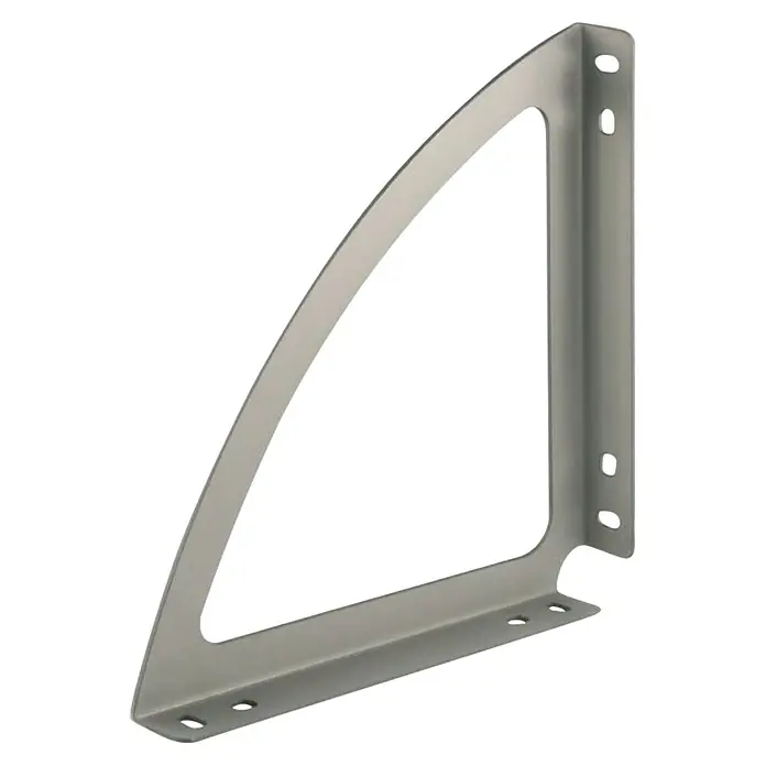Vormann Systemkonsole - L x B x H: 143 x 23 x 143 mm, Stahlmatt, Belastbarkeit: 60 kg - Ein silberner Regalträger mit Löchern zur Befestigung. Die abgerundete Form bietet eine stilvolle und stabile Unterstützung für jedes Regal.