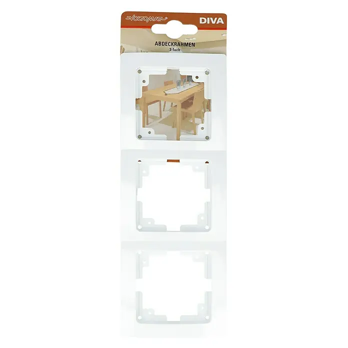 Voltomat DIVA Abdeckrahmen - Ultraweiß, 3-fach, Kunststoff - Ein Voltomat Diva 3-fach Abdeckrahmen, ideal zur stilvollen Abdeckung von Schaltern und Steckdosen. Das Produkt ist robust und einfach zu montieren.