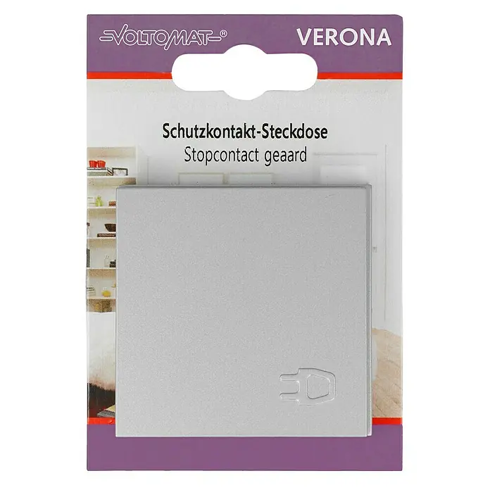Steckdose mit Deckel - Silber, 1-fach, Kunststoff, IP20 - Nahaufnahme der Verpackung einer Voltommat Verona Schutzkontakt-Steckdose mit stilvollem Design und klaren Produktinformationen.