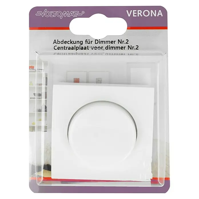 Dimmerabdeckung - Reinweiß, Kunststoff, Unterputzmontage - Verpackte Verona-Abdeckung für Dimmer Nr. 2 mit Beschriftung und Markenlogo, ideal für Heimwerker und Elektroinstallationen.