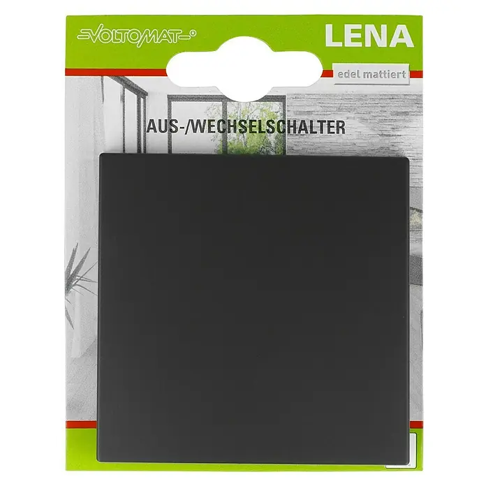 Voltomat Lena Wechselschalter - Anthrazit, Matt, Unterputzmontage, 10 A, 1 Stk. - Das Foto zeigt einen edel mattierten AUS-/WECHSELSCHALTER der Marke LENA in einer Verpackung von VOLTOMAT.