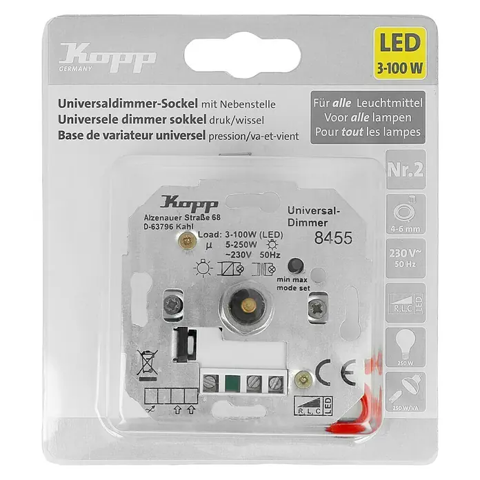 Kopp LED-Dimmer Universal RLC 100W - 3 W - 250 W - Kopp Universaldimmer-Sockel: LED-Dimmer für Leuchtmittel mit 3-100W, geeignet für vielfältige Lampen.