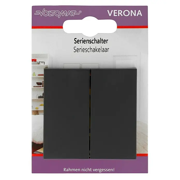 Serienschalter - Anthrazit, Kunststoff, 10 A - Verpackung eines Voltomaten Verona Serienschalters, der ein Doppel-Lichtschalter in modernem Design zeigt. Hinweis auf separat erhältlichen Rahmen.