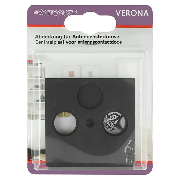 Antennenabdeckung - Anthrazit, 2-fach, Kunststoff, IP20 - Nahaufnahme einer VOLTOMAT VERONA Antennensteckdosen-Abdeckung in ihrer Verpackung.