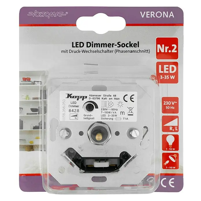 LED-Dimmer - Silber, Metall - Verpackung einer Kopp LED-Dimmer-Steckdose Verona Nr. 2, geeignet für 3-35W LEDs mit Druck-Wechselschalter.