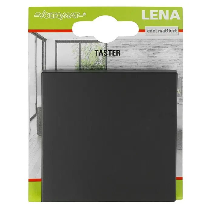 Voltomat Lena Taster - Anthrazit, 10 A - Produktverpackung für VOLTOMAT LENA Taster, edel mattiert. Elektromaterial für Hausinstallationen.
