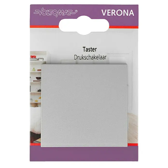Taster - Silber, Kunststoff, 10 A - Nahaufnahme des VOLTOMAT VERONA Taster Druckschakelaars, ein hochwertiges elektrisches Bauelement in einer Verpackung.