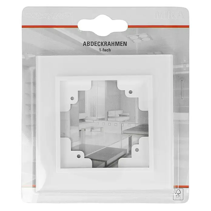 Voltomat MIKA Glas-Abdeckrahmen - Weiß, 1-fach, Glas - Abdeckrahmen 1-fach von Voltomat und MIKA, ein weißes, quadratisches Produkt für die Elektroinstallation, verpackt in Folie.