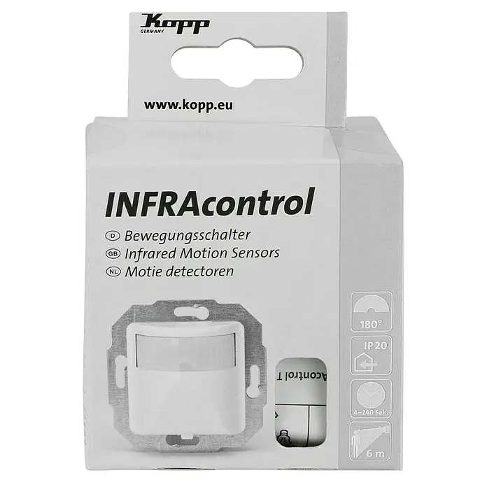Bewegungsmelderaufsatz - Reinweiß, Unterputzmontage - Kopp INFRAcontrol Bewegungsmelder: Erfasst Bewegungen mit Infrarotsensoren, ideal für Innenräume, 180° Erfassungswinkel, IP20-Schutz.