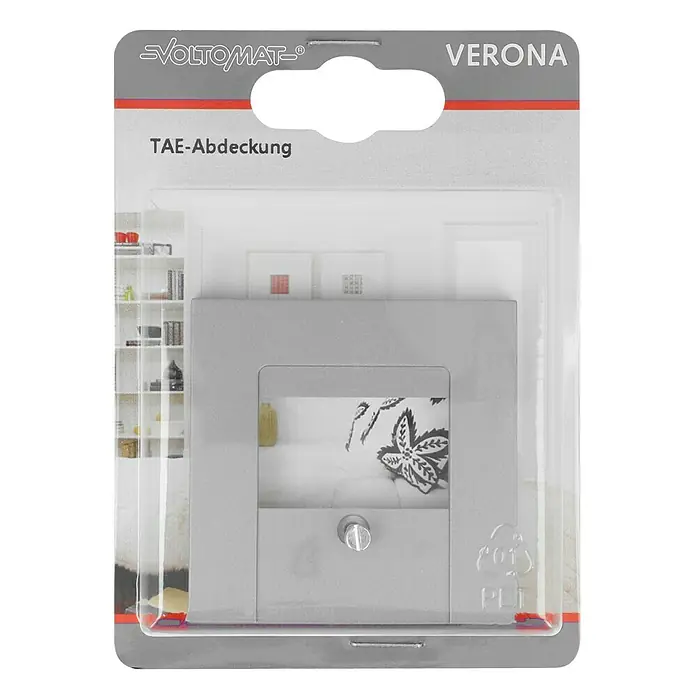 TAE-Abdeckung - Silber, Kunststoff - Eine VOLTOMAT Verona TAE-Abdeckung in grauer Verpackung. Die Abdeckung ist für Telekommunikationsanschlüsse und in hellem Grau gehalten.