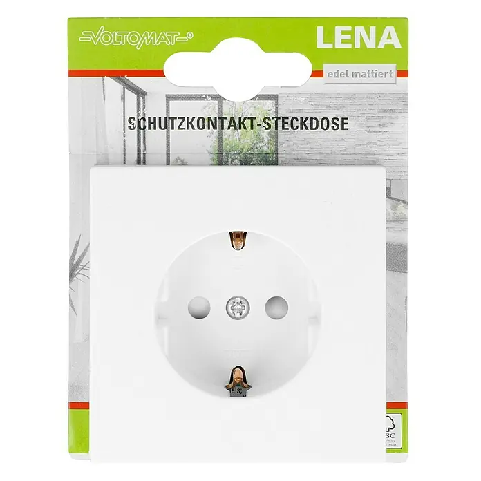 Voltomat Lena Steckdose mit erhöhtem Berührungsschutz - Polarweiß, Kunststoff, 1-fach - Nahaufnahme einer LENA Schutzkontakt-Steckdose, edel mattiert, auf der Verpackung präsentiert für den Verkauf.