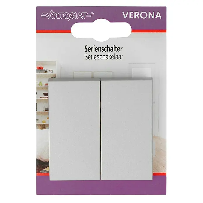 Serienschalter - Silber, Kunststoff, 10 A - Nahaufnahme des Voltomats Verona Serienschalters, einer Doppelwippe, ideal für die Steuerung von Beleuchtung in Wohnräumen.