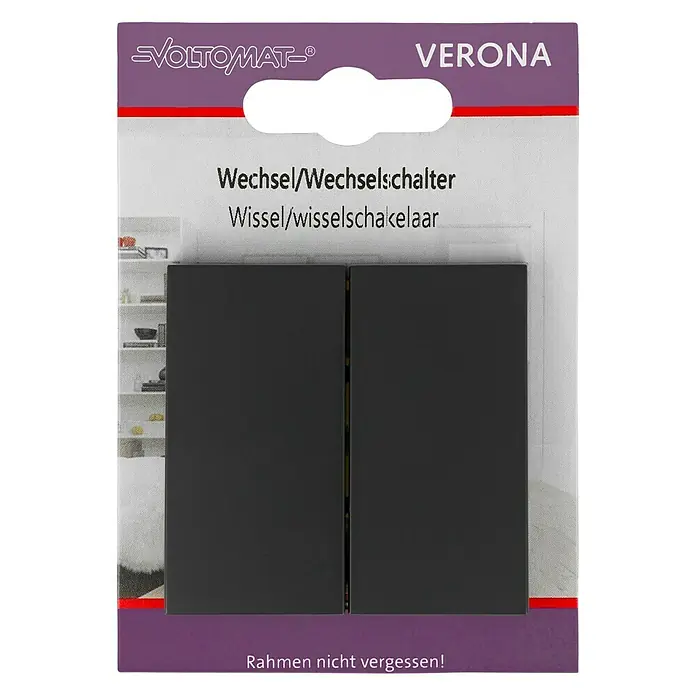 Doppelwechselschalter - Anthrazit, Kunststoff, 10 A - Nahaufnahme einer Doppelwippe aus der Serie Verona von Voltomtat, die eine elegante und funktionelle Ergänzung für jeden Raum darstellt.