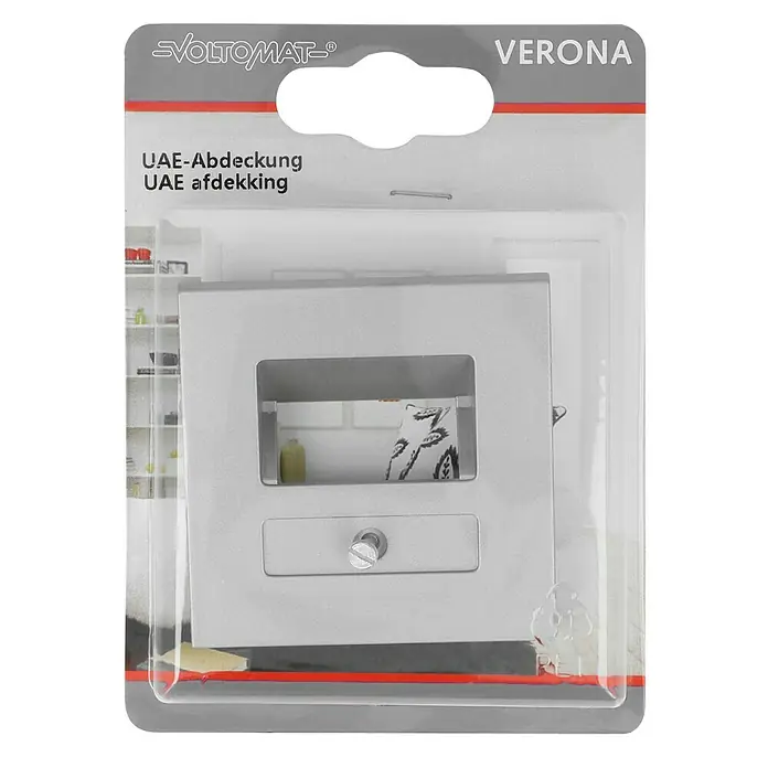 UAE-Abdeckung - Silber, Kunststoff - Das Foto zeigt eine UAE-Abdeckung Verona von Voltomat in einer transparenten Verpackung. Das Produkt ist für den Einsatz im Elektronikbereich bestimmt.