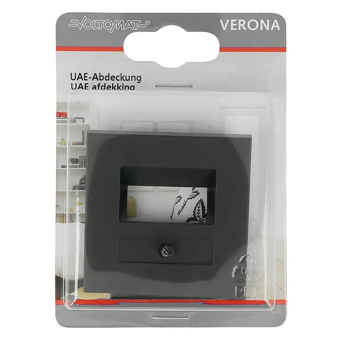 UAE-Abdeckung - Anthrazit, Kunststoff - Nahaufnahme einer VOLTOMAT Verona UAE-Abdeckung in ihrer Verpackung, die ein modernes Design und Funktionalität vereint.