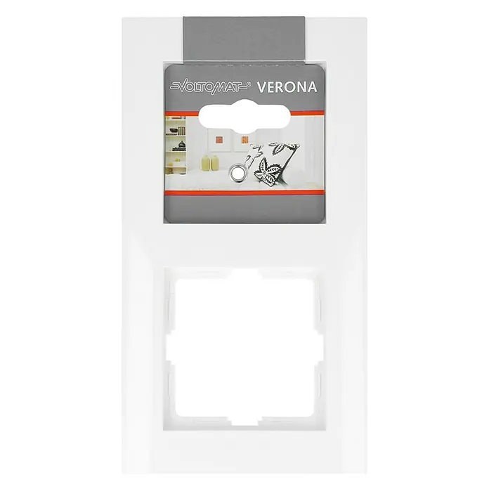 Abdeckrahmen - Reinweiß, 2-fach, Kunststoff - VOLTOMAT Verona Armaturen Verpackung. Die Verpackung zeigt eine detailreiche Küchenarmatur mit floralem Muster und dem Markennamen.
