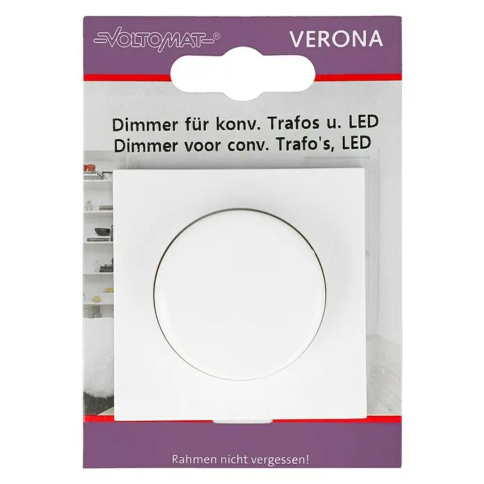 LED-Dimmer - Reinweiß, Kunststoff - Nahaufnahme eines Dimmers für konventionelle Trafos und LEDs der Marke VOLTOMAT- VERONA in Weiß.