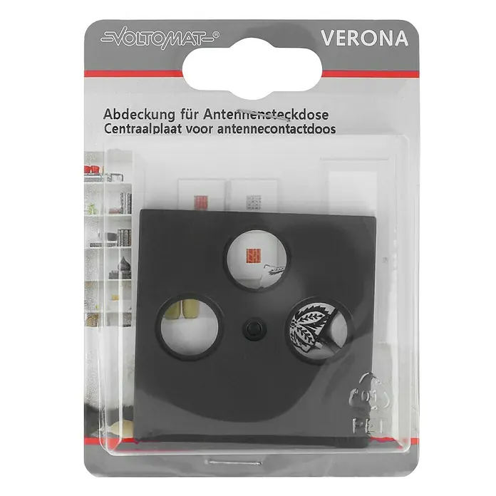 Antennenabdeckung - Anthrazit, 3-fach, Kunststoff, IP20 - Verpackte Voltolmat Verona Abdeckung für Antennensteckdose aus schwarzem Kunststoff mit runden Aussparungen.